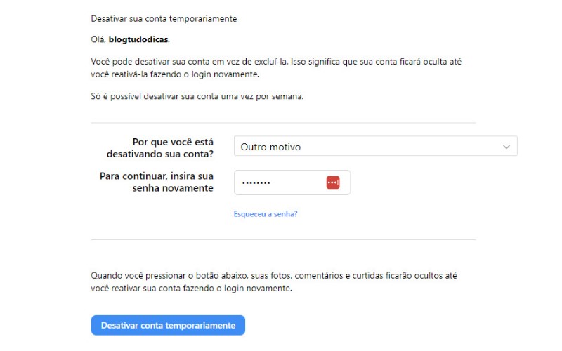 Como desativar conta Instagram temporariamente