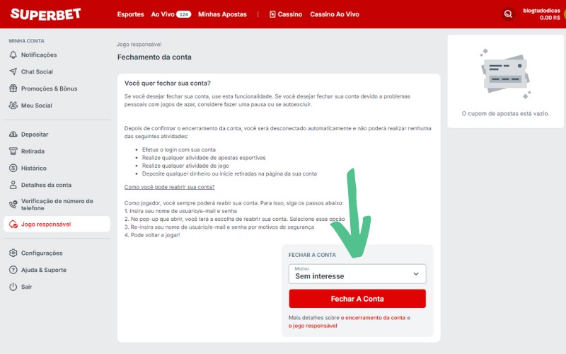 Superbet como excluir conta temporariamente